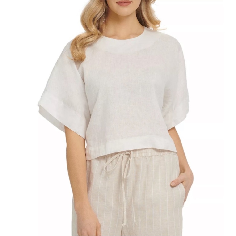 DKNY PURE Cropped Boxy Drop Shoulder Linen Blouse Top White Natural Fibers